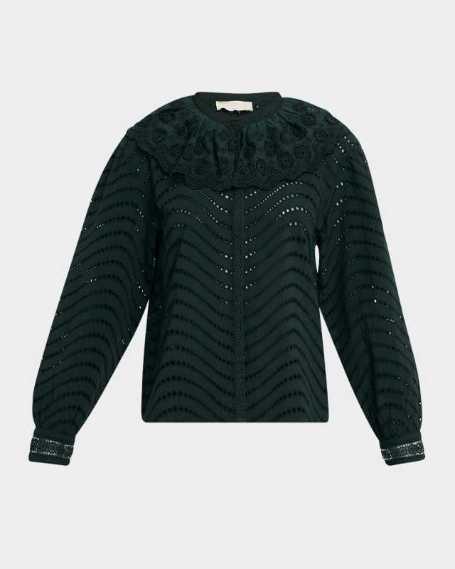 Fia Embroidered Scallop-Collar Blouse